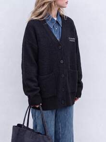 Women's Autumn/Winter Minimalist Small Letter Design V-Neck Sweater Cardigan Jacket - Black - View 3