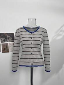 Korean Style Colorblock Striped Slimming Knit Cardigan Women's Autumn Fitted Long Sleeve Knit Top - Grey - View 6