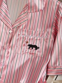 Women's Plus Size Satin Luxury Striped Print Lapel Front Button-Down Animal Embroidery Patch Pocket Short Sleeve Nightgown, Summer & Autumn - Multicolor - View 4
