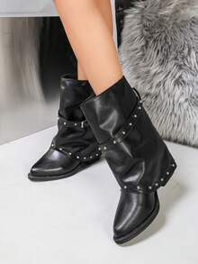 Autumn/Winter New Fashion Versatile Mid-Calf Slimming Belt Buckle Women's Boots - Black - View 3