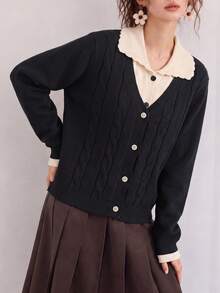 Women's Casual Minimalist Colorblock Design Lapel 2 In 1 Knit Cardigan Sweater - Black - View 1
