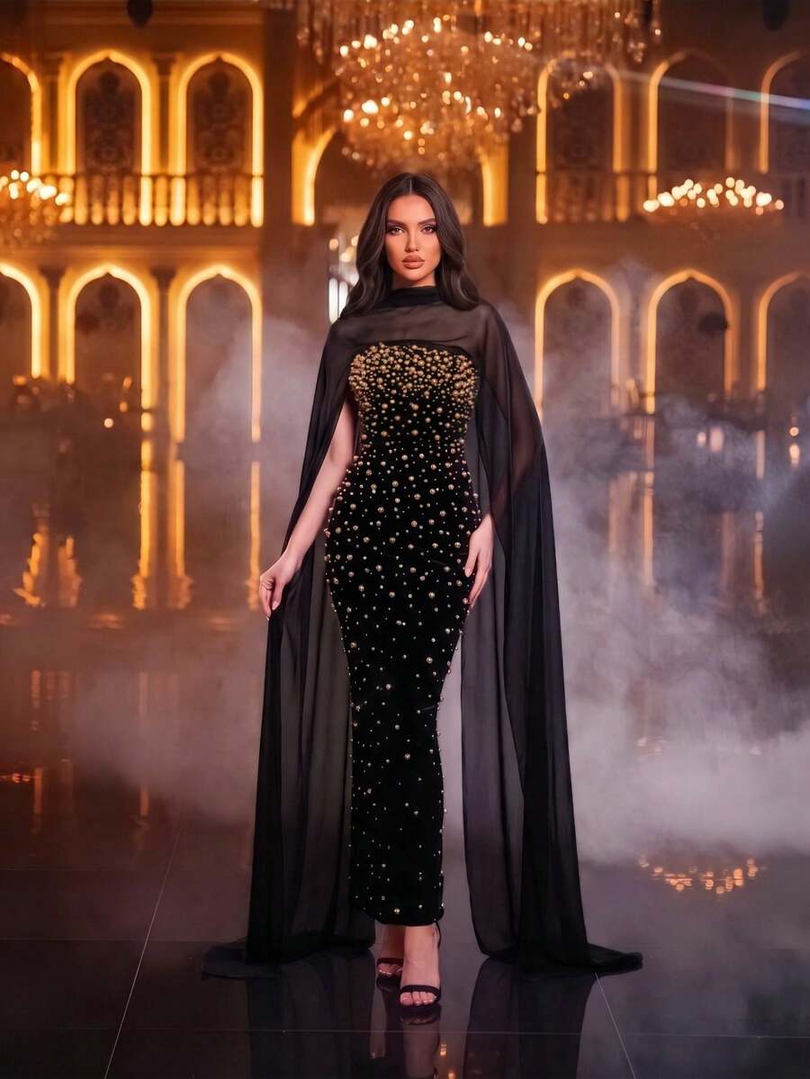 Elegant Black Ultra-Long Ribbon Strapless Beaded Bandage Evening Dress - Black - View 1