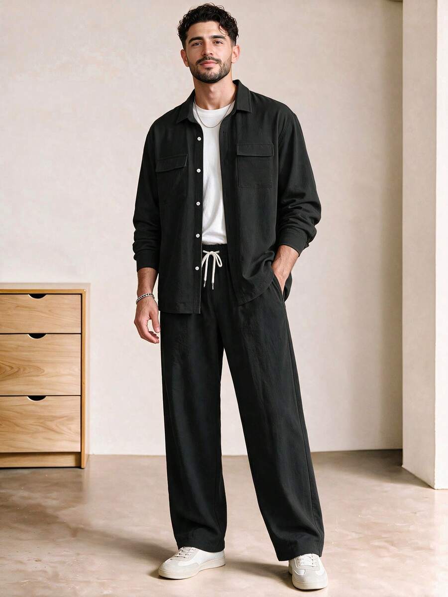 Voidago Kolrap Men's 2 Pieces Summer Outfit Set, Solid Color Vintage Regular Fit Long Sleeve Button-Up Stand Collar Shirt + Long Straight Leg Pants