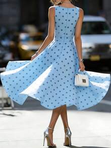 DONICY Women's Blue Sleeveless Round Neck Pleated Waist Flare Midi Dress, Casual Vacation Style For Summer - Blue - View 7