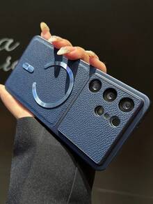 奢華復古荔枝紋磁吸無線充電手機殼，適用 Galaxy S26Ultra S26Plus S25Ultra S24Ultra S25 S24 Plus，大窗鏡頭保護，PU 皮革防摔緩衝軟背蓋 - 藍色 - 查看 2