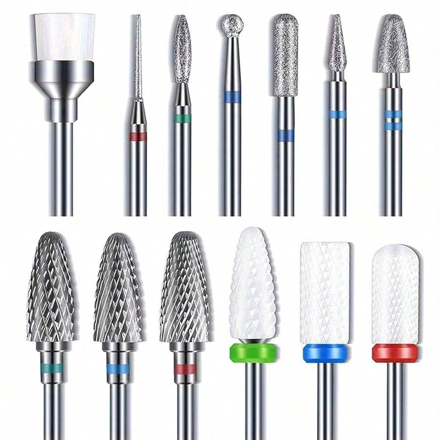 13Pcs/Box Professional 3/32"Ceramic Nail Drill Bit Set Electric Manicure Nail File Bit For Acrylic Gel Nails And Cuticles Manicure Tools Accessories - Silver - View 1