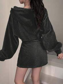 YCYC Women's Autumn Vintage Corduroy Hooded Jacket + Drawstring High Waist Skirt 2 Pieces Set - Black - View 5