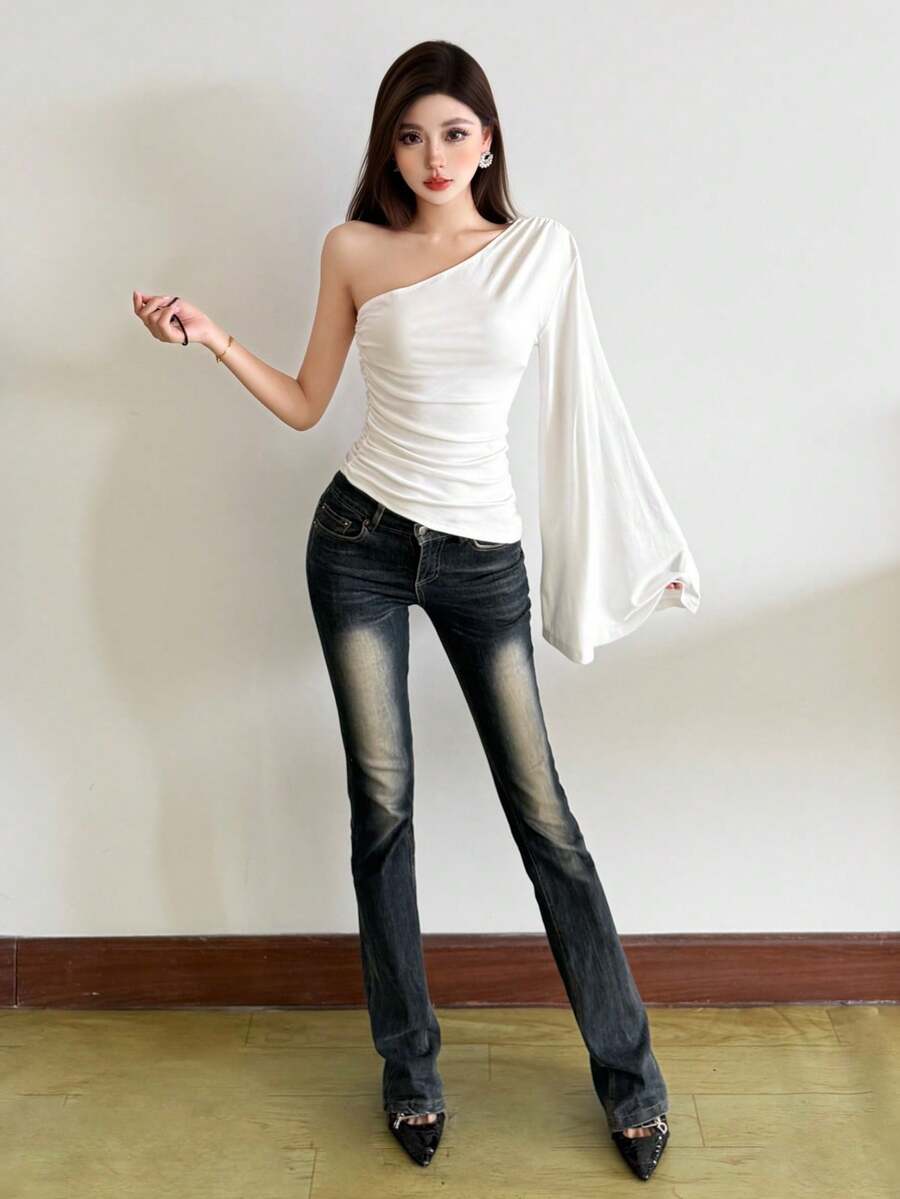 Top Dazzle Fashionable Knitted Asymmetrical Neck Women's Top With Single Long Sleeve & Ruched Detailing - White - View 1