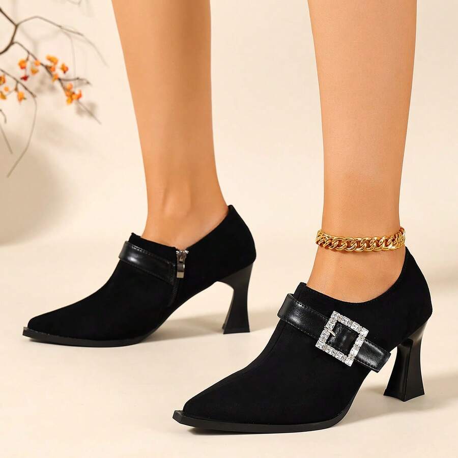 Women's Suede Pointed Toe Flared Heel Deep Cut Pumps Rhinestone Square Buckle Elegant Fashion Shoes Spring Autumn Commute High Heels - Black - View 1