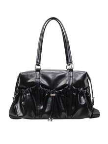 American Vintage Large Capacity Tote Bag With Ruched Drawstring Detail And Metal Hardware, Shoulder Or Crossbody Women's Bag, Fashionable Daily Work And Travel Outfit Accessory - Black - View 7