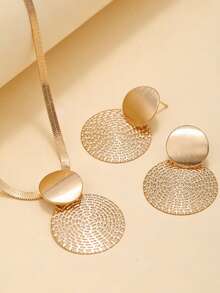 3pcs Necklace & Earrings Jewelry Set For Women, Gold Flat Snake Chain, Geometric Spiral & Circle Pendant Design - Gold - View 4