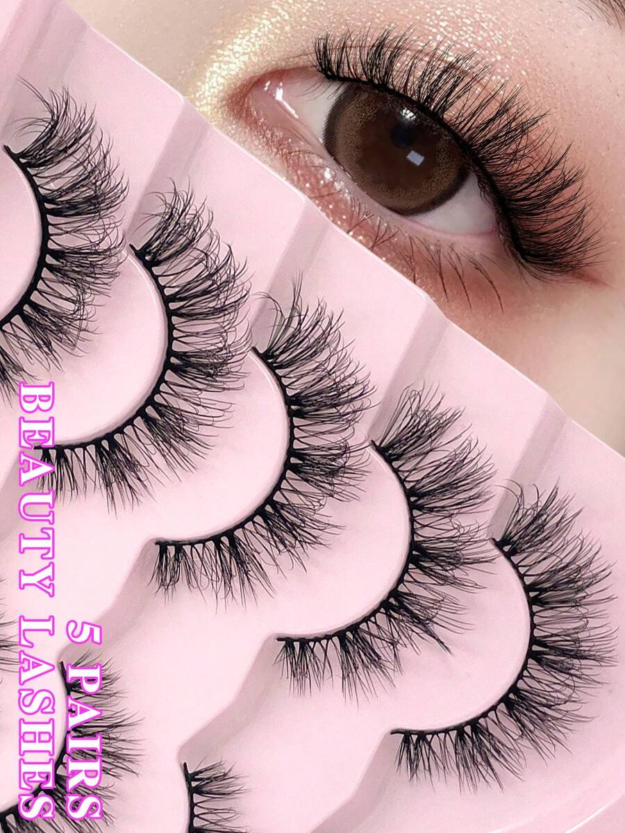 ENCHUW 5 Pairs False Eyelashes Natural Look Fluffy Wispy Fake Eyelashes Strip Eye Lashes Fake Eyelashes Curling Lashes - Black - View 1