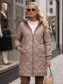 Women's Long Quilted Hooded Jacket Zip Front Diamond Stitch Ribbed Cuffs Regular Fit - Beige - View 4