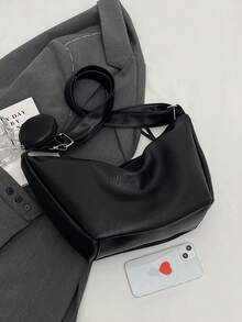 Vintage Crescent Moon Underarm Shoulder Bag With Round Small Hanging Pouch Accessory, Adjustable Wide Strap Design Large Capacity Shoulder Crossbody Women's Bag, Versatile For Commuting, Shopping, Dating And Travel - Black - View 11