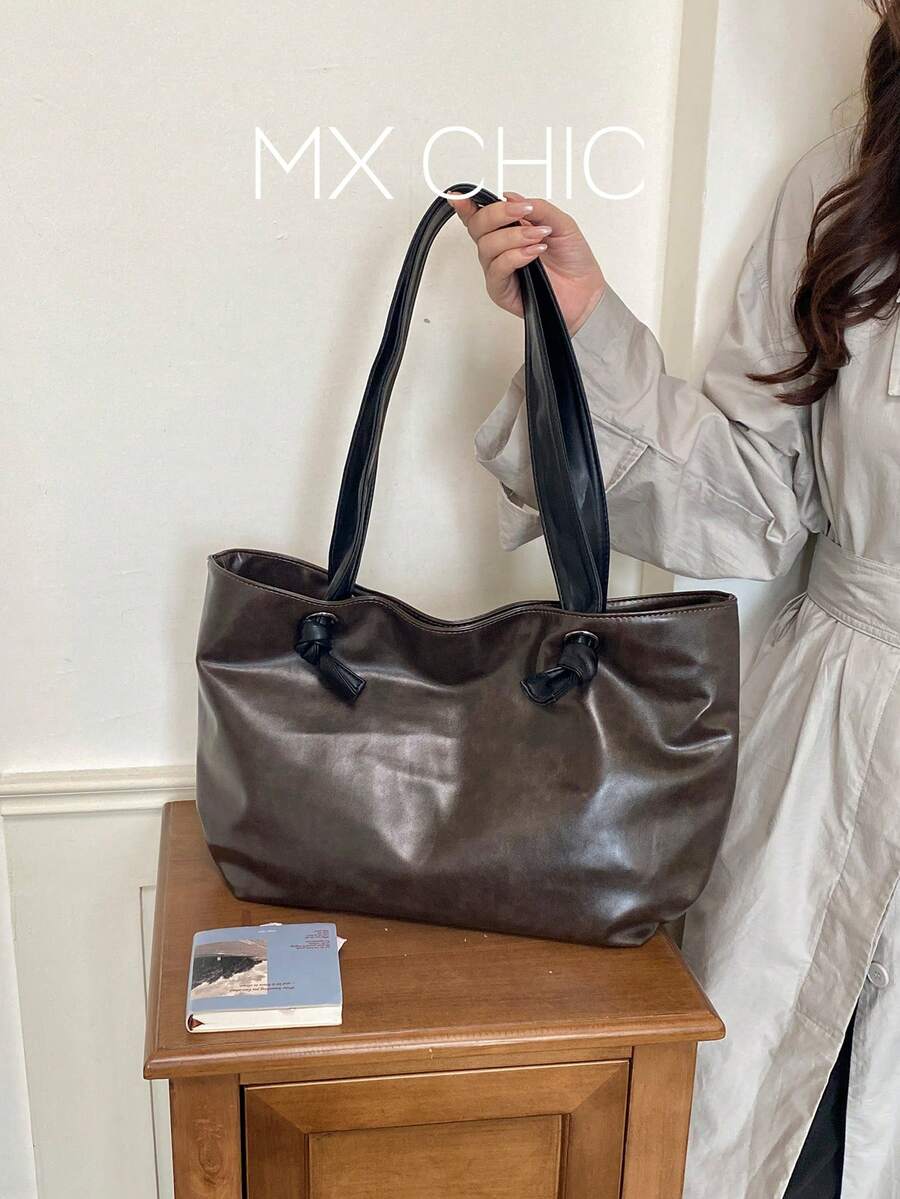 1pc Women's Solid Color PU Middle Compartment Shoulder Tote Bag, Large Capacity, Suitable For Outings, Shopping, Dating, Gift - Coffee Brown - View 1
