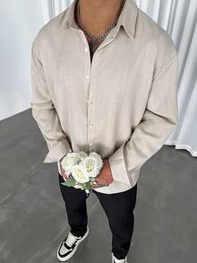GloMan Old Money Style Men's Apricot Textured Striped Long Sleeve Shirt, Suitable For Business Casual, Office Commute, Family Gathering, Couple Matching, Gift For Husband/Father - Khaki - View 5
