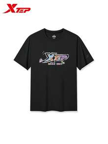 XTEP Short Sleeve Knit T-Shirt | New Men's Versatile Casual Sports Top Half Sleeve Black - True Black - View 2