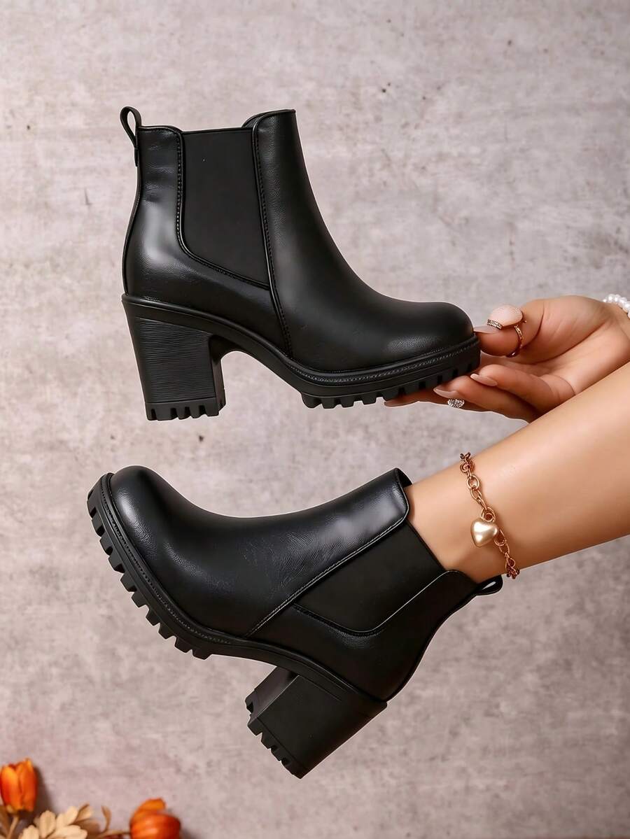 European & American Minimalist Fashion Autumn/Winter New Western Style High Heel Ankle Boots With Metal Rhinestone Buckle Decor, Chunky Heel Thick Sole Boots Single Boot