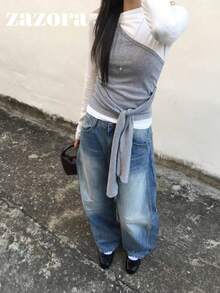 韓式秋冬拼接色 2 合 1 露肩綁帶修身百搭長袖 T-shirt 上衣 - 灰白色 - 查看 10