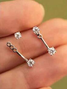 2pcs CZ Stud Earrings, Reversible Wear, Decorated With Small Sparkling Rhinestones, Suitable For Men And Women, Design Full Of Starlight, Women's Earrings - Silver - View 2