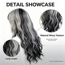 25 Inch Fluffy Long Wavy Synthetic Wig Black Grey Half Half Color Wig With Full Bangs Heat Resistant Wig For Women Daily Cosplay Party - Multicolor - View 8