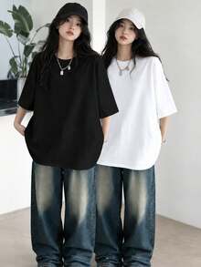 2pcs/Set Women's Casual Loose Round Neck Short Sleeve T-Shirt, Versatile Solid Color, Spring/Summer - Black + White - View 1