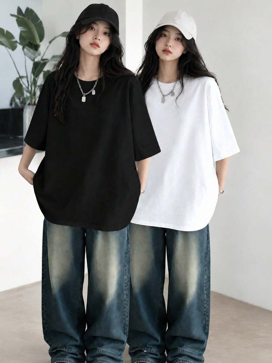 2pcs/Set Women's Casual Loose Round Neck Short Sleeve T-Shirt, Versatile Solid Color, Spring/Summer - Black + White - View 1