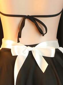 Maid Role Play Costume Set, Ruffle Halter Top + Apron Mini Skirt, Valentine's Day/Christmas Night Club Party Performance Outfit, Women's Theme Dress-Up Set - Black and White - View 4