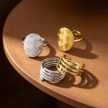 4pcs Elegant Exaggerated 304 Stainless Steel Thick Geometric Textured Adjustable Open Rings Stackable Finger Rings Suitable For Women's Daily Beach Vacation Wear - Multicolor - View 9