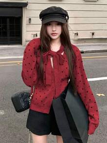 優雅小眾蝴蝶結紅色波點針織開襟毛衣女款，可單穿，秋冬聖誕新年風格，適合新年出遊與派對 - 紅色 - 查看 2