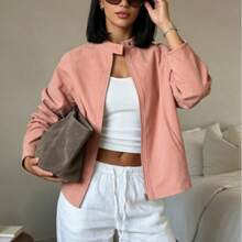 Women's New Zipper Winter Jacket, Sexy Comfortable Faux Suede Coat - Dusty Pink - View 3