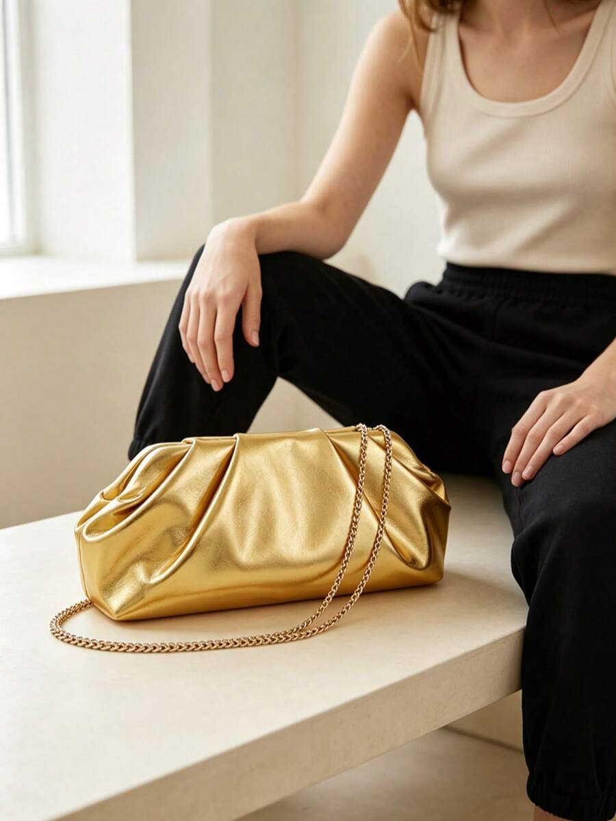 Women Metallic Ruched Clutch Purse, Detachable Chain Strap Cloud Shape Evening Bag, Elegant Wedding Party Shoulder Handbag - Gold - View 1