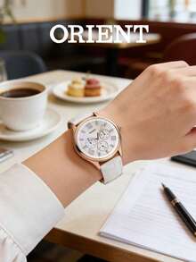 Orient Women's Watch SSW05002W0 Luxury Rose Gold Case, Natural Mother Of Pearl Dial Diamond Accents, White Genuine Leather Strap Elegant Quartz Wristwatch - White - View 1