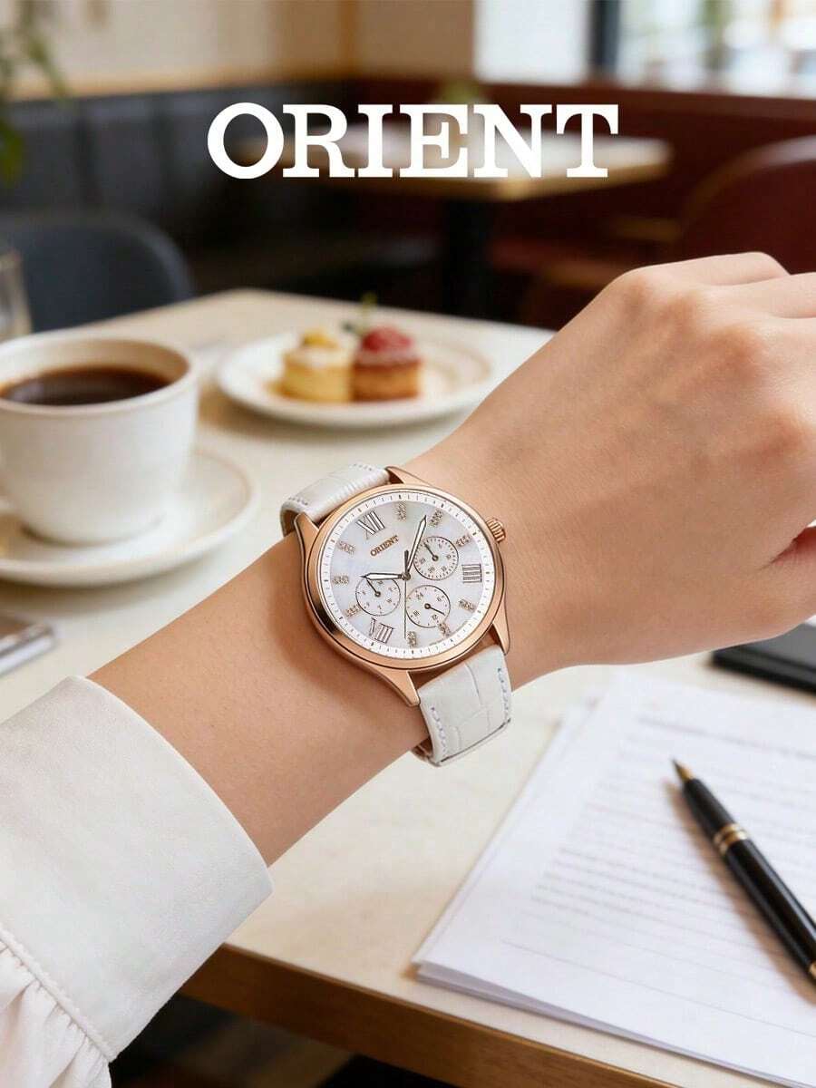 Orient Women's Watch SSW05002W0 Luxury Rose Gold Case, Natural Mother Of Pearl Dial Diamond Accents, White Genuine Leather Strap Elegant Quartz Wristwatch - White - View 1