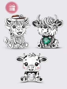 1 Pieces Original Design Silvery Color Charms Cowboy Cow & Cute Milk Cow Beads Heart Cubic Zirconia Inlay Fits Original Bracelet DIY Making - Multicolor - View 11