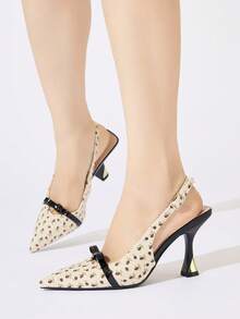 Women's Bow Decor Slingback Pointed Toe Flare High Heel Romantic Beige Ditsy Floral Fabric Low Vamp Pumps Suitable For Wedding Date Daily Wear Spring Summer Autumn Winter - Black - View 4