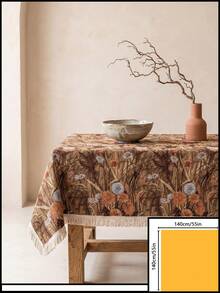 1pc Brown Base Vintage Autumn Floral Plant Print Tablecloth, Retro Natural Style Jacquard Fabric, Rectangular Beige Tassel Edge Detail, Stain-Resistant Desktop Protection Functional Long Tablecloth Suitable For Daily Home And Natural Dining Table Decor Scenes - Brown - View 12