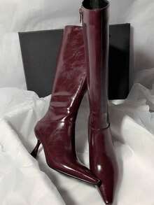 Sepatu bot setinggi lutut dengan hak stiletto berujung runcing, bahan suede elastis, pas ramping, dan resleting. - Burgundy - View 6