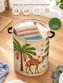 2D Flat Date Palm Tree Pattern Makeup Storage, Decorative Bohemian Style Laundry Basket, Round Laundry Basket, Craft And Sewing Supplies Storage, Camel, Date Palm Tree Pattern - Suitable For Bathroom Storage, Bedside Organizer With Sturdy Handle Storage Basket For Room Decoration, Laundry Basket - Multicolor - View 2