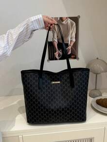 Dedoo Women's Tote Shoulder BagLetter Monogram PrintFaux LeatherMetal Logo PlateLarge CapacityClassic Minimalist TrendyFor Work,School,Shopping,Daily Travel - Black - View 6