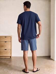 Voidago Men's Summer Crew Neck T-Shirt And Striped Shorts Loungewear Set - Navy Blue - View 2