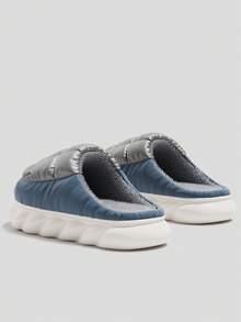 Men's Down Fabric Thick Sole Indoor Slippers, Fleece Lining Warm Winter House Shoes - Blue-grey - View 4