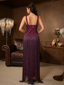 Elegant Women's Burgundy Sleeveless Tassel Decor Dress, Perfect For Balls And Formal Events, Soft And Suitable For Banquets And Galas - Dark Purple - View 2