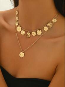 1pc Women's New Pendant Necklace, Creative Coin, Tassel, Punk Hip Hop Metal Style Layered Necklace, Daily Wear And Gift - Gold - View 2