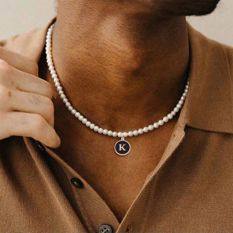 1pc Simple Vintage Round Initial Pendant Beaded Necklaces For Men - White - View 1