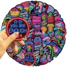 50Pcs Neon Mental Health Prevention Stickers For Suitcases, Laptops, Scrapbooks, Diaries, Water Bottles Sticker - Black - View 6