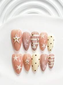 10pcs/Set Cute Handmade Press-On Nails, Polygel Nail Art Set, Star & Polka Dot Design, Yellow & Pink Sweet Style, Includes Nail Tools, 3 Sizes Available, Square/Short Square/Almond Shape, Suitable For Party, Dancing, Daily Wear (Handmade Details May Vary) - Multicolor - View 3