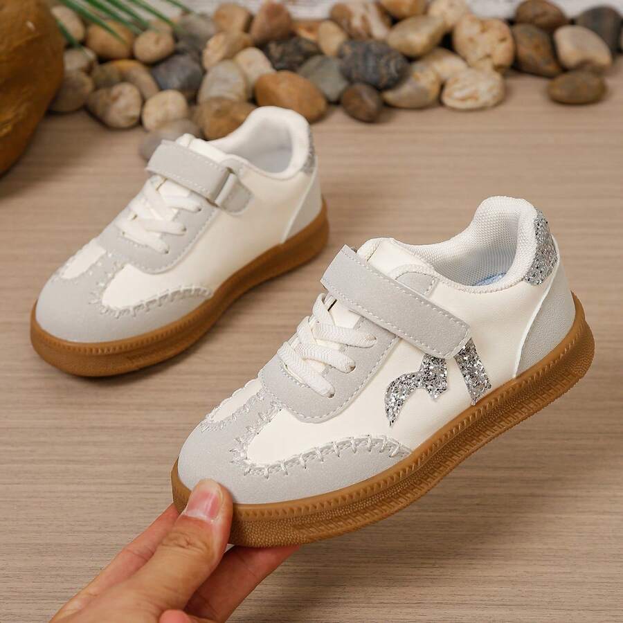 Kids Patchwork Casual Sneakers, Sequin Decor Hook & Loop Low-Top Non-Slip Athletic Shoes For Boys & Girls - Light Grey - View 1