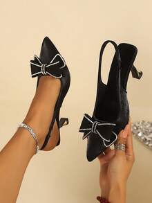 Women's Elegant Rhinestone Double Layer Bow Pointed Toe Slingback Sandals, Black Satin Backstrap High Heel Party Shoes - Black - View 2