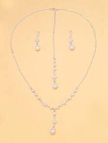Juego de joyería de 3 piezas con mariposa, pedrería, gota de agua y perla, collar convertible con diseño frontal y posterior + pendientes colgantes, accesorios nupciales para boda - Cristales - Ver 9